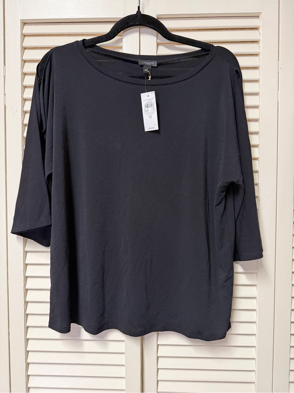 NWT Ann Taylor $59 Black Long Sleeve Boat Neck Top cold shoulder
